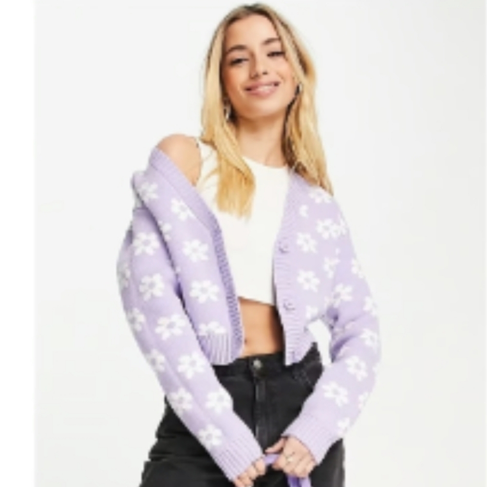 Hollister Purple White Flower Crop Sweater Button-down Cardigan Womens Size L
